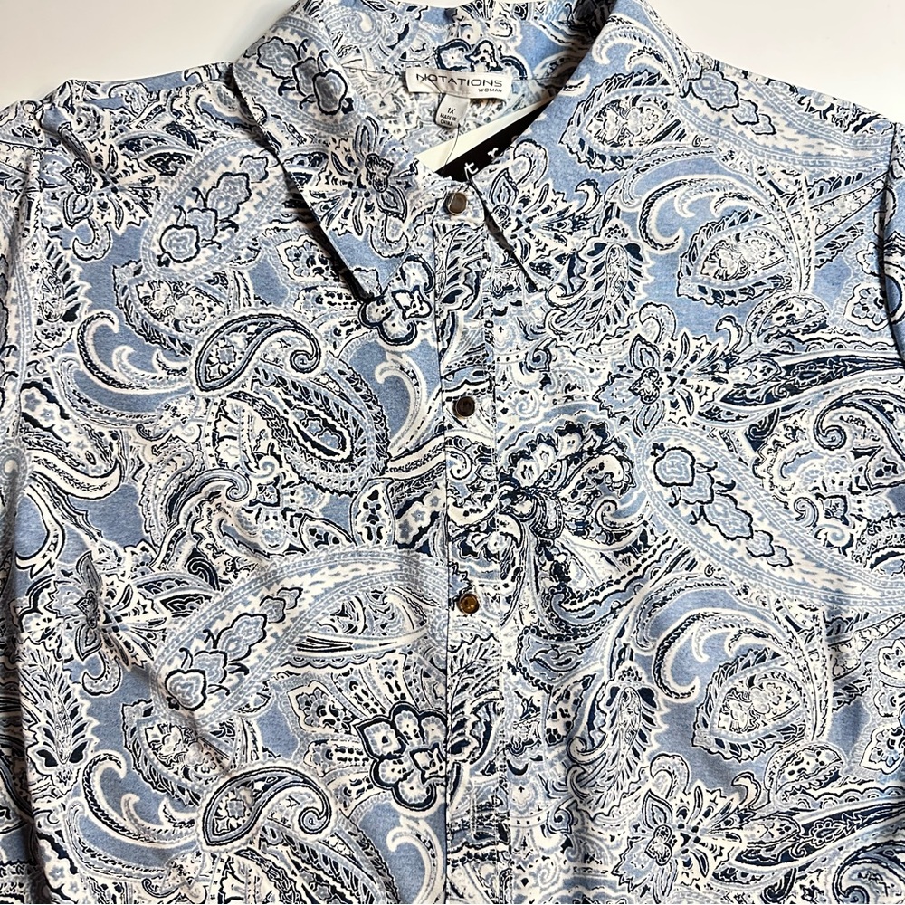 Notations Paisley Stretch Shark Bite Hem Silver Metallic Buttons New Sz …